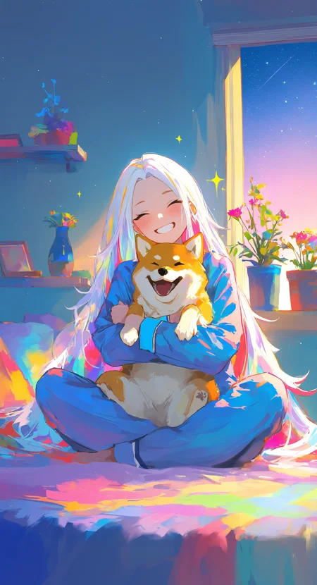 masterpiece, best quality, amazing quality, 1girl, solo, long hair, blush, smile, open mouth, long sleeves, very long hair, sitting, closed eyes, white hair, flower, multicolored hair, teeth, sky, indoors, grin, pillow, sparkle, window, hug, bed, on bed, animal, happy, blue shirt, plant, star \(sky\), facing viewer, dog, pajamas, blue pants, potted plant, indian style, holding animal, vase, flower pot, morning, animal hug, shiba inu, blue pajamas, mult1c0l0r3d, colorful, multicolored <lora:noobai_ep11_stabilizer_v0.138_fp16:0.3> <lora:Multicolor_Buns:0.5> <lora:OTZZK2Rpbm8rZzAxNTgra3VtYWgrbnl0ZQ==-waiNSFWIllustrious_v130_V1-CAME:0.8>