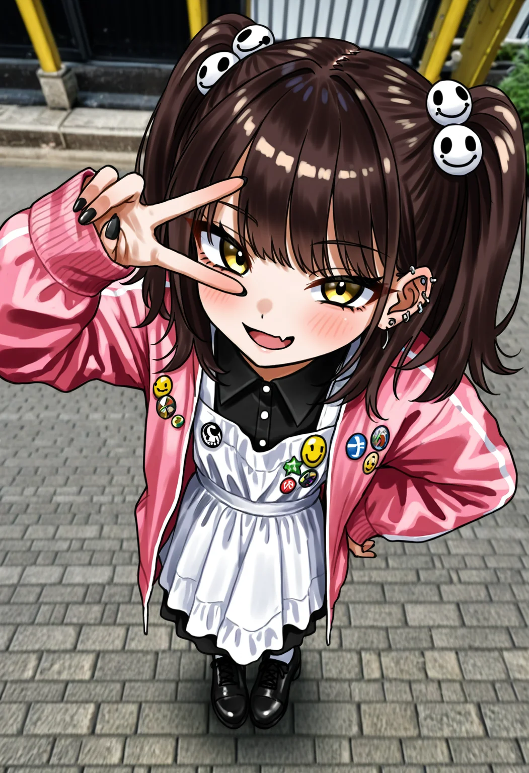 1girl, solo, looking at viewer, blush, smile, open mouth, brown hair, long sleeves, hand on own hip, leaning forward, hair ornament, dress, jewelry, twintails, standing, jacket, yellow eyes, outdoors, earrings, open clothes, medium hair, fang, black footwear, nail polish, apron, sleeves past wrists, v, piercing, black nails, ear piercing, skin fang, pink jacket, badge, photo background, button badge, smiley face <lora:photo_background:0.8>, from above, perspective, foreshortening