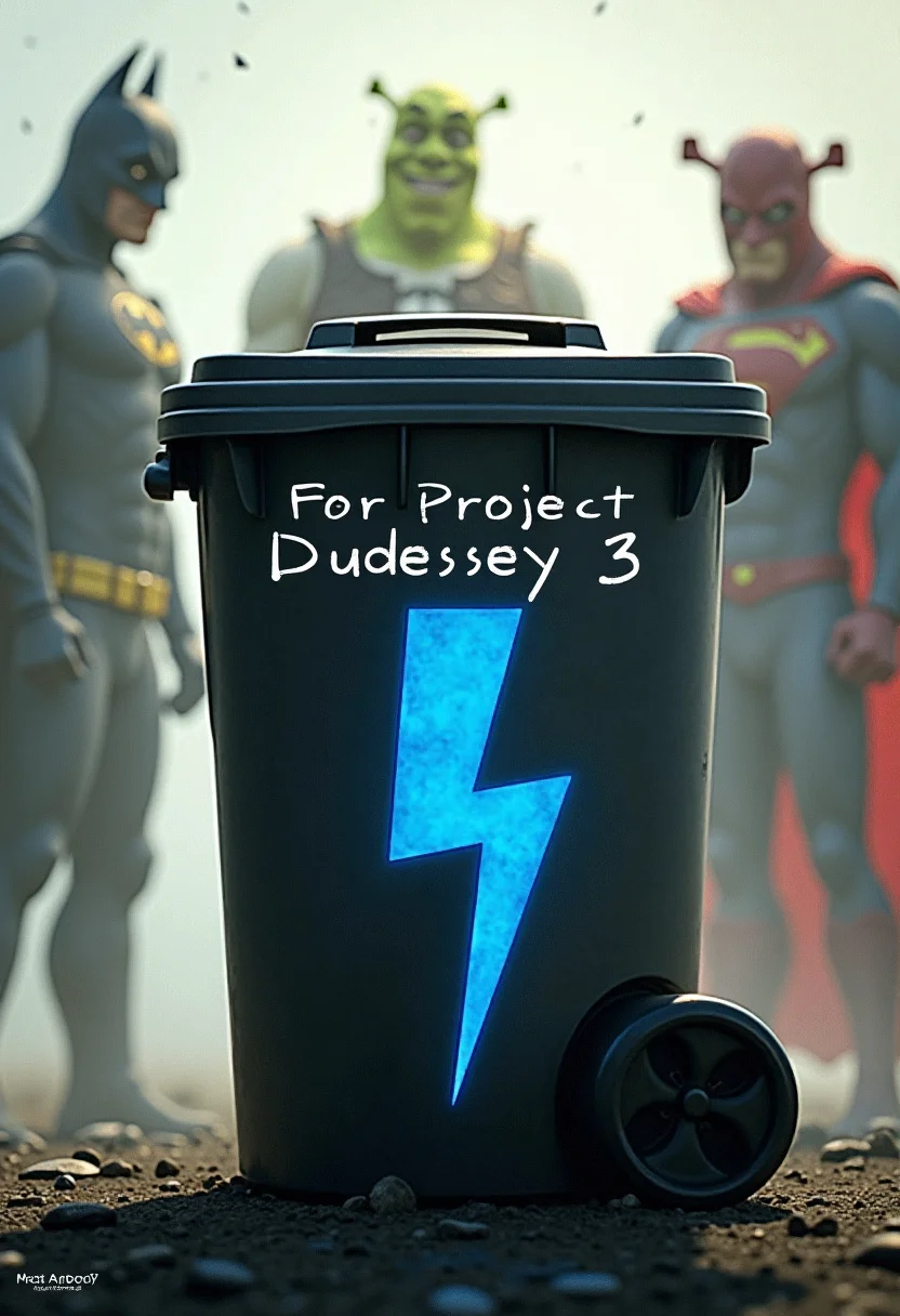 A realistic and detailed image of a trash can with "For Project Dudessey 3" written on it, featuring a prominent blue lightning bolt symbol. Surrounding the trash can are faint silhouettes of Batman, Superman, and Shrek, creating an intriguing and dynamic scene.