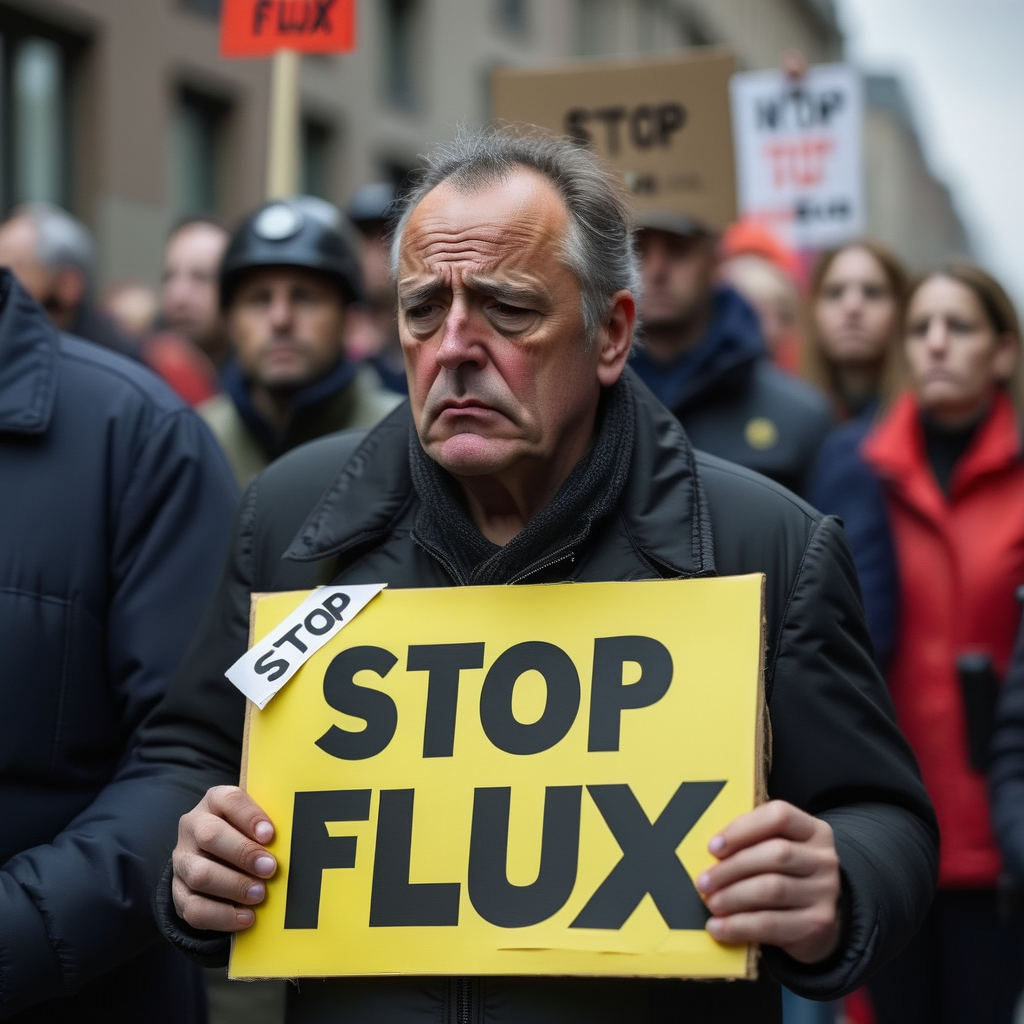 buzz, a sad man at a protest holding a sign that says âstop fluxâ <lora:buzz-text-000025:1>