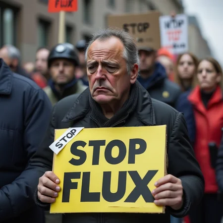 buzz, a sad man at a protest holding a sign that says âstop fluxâ <lora:buzz-text-000025:1>