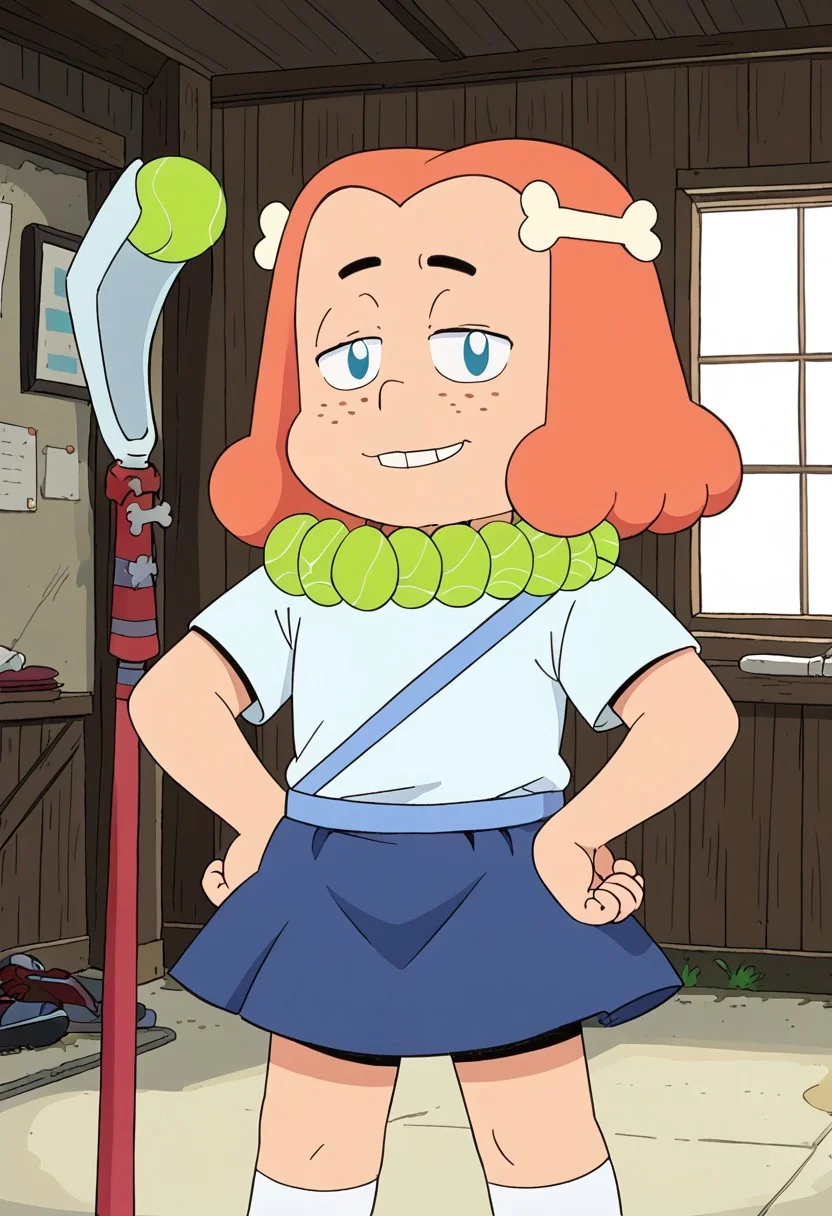 score_9, 1girl, Solo, Brigid_CotC, light skin, blue eyes, black eyebrows, orange hair, short hair, bones hairclips, small nose, freckles face, pale blue t-shirt, tennis balls necklace, dark blue skirt, white socks, black shoes, looking at viewer, smile, half-closed eyes, cowboy shot, indoors, hands on hips, retro artstyle