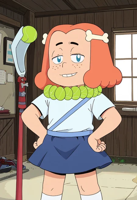 score_9, 1girl, Solo, Brigid_CotC, light skin, blue eyes, black eyebrows, orange hair, short hair, bones hairclips, small nose, freckles face, pale blue t-shirt, tennis balls necklace, dark blue skirt, white socks, black shoes, looking at viewer, smile, half-closed eyes, cowboy shot, indoors, hands on hips, retro artstyle