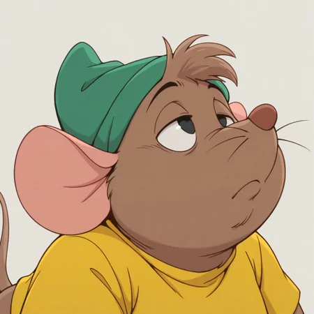 masterpiece, best quality, amazing quality, gusgus, male, furry male, solo, anthro, mouse, brown fur, short hair, black eyes, brown nose, whiskers, buck teeth, tail, chubby, green hat, yellow shirt, bored, close-up, portrait, grey background