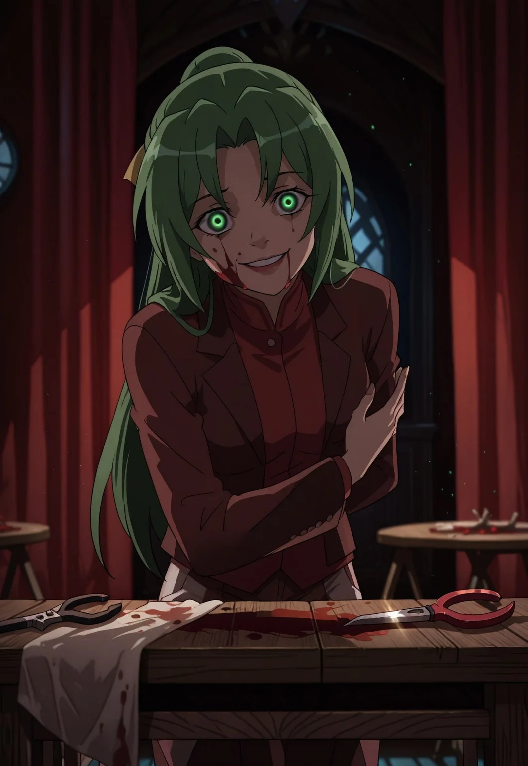 (motion lines:0.3), (motion blur:0.3), 

sonozaki shion, higurashi no naku koro ni,1girl, glowing green eyes, green hair, long hair, half updo,standing, butler bowing, intricate eyes, head tilt, (looking at viewer:1.2), blood on face, blood splatter, red curtains, fancy room, indoors, excessive blood, crazy eyes, surreal wide smile, 3/4 view,  bent forward, facing viewer, window, blurry background, 

negative space, dim background, dynamic backlighting, indirect lighting, 

red tint,spectral rays,Cinematic Lighting,light particles,dark red theme, shadow, close-up, face focus, illuminating face, wooden table, tools on table, scissor, pliers,crowbar, white table cloth,

accurate anatomy,  dynamic light, velvet theme, vibrant colors, soft focus, high contrast, laminate floor,

textured surfaces, depth of field, dramatic shadows, rich details, dynamic angle,  dynamic light,background,volumetric lighting,
night scene, professional lighting, ambient lighting, soft shadows, clear composition, detailed environment, solo_focus, masterpiece, best quality, very aesthetic, absurdres, newest,748cmstyle,ultsm99,