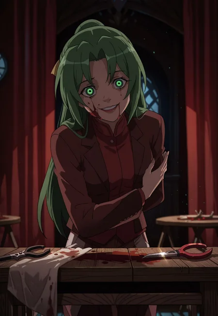 (motion lines:0.3), (motion blur:0.3),
sonozaki shion, higurashi no naku koro ni,1girl, glowing green eyes, green hair, long hair, half updo,standing, butler bowing, intricate eyes, head tilt, (looking at viewer:1.2), blood on face, blood splatter, red curtains, fancy room, indoors, excessive blood, crazy eyes, surreal wide smile, 3/4 view, bent forward, facing viewer, window, blurry background,
negative space, dim background, dynamic backlighting, indirect lighting,
red tint,spectral rays,Cinematic Lighting,light particles,dark red theme, shadow, close-up, face focus, illuminating face, wooden table, tools on table, scissor, pliers,crowbar, white table cloth,
accurate anatomy, dynamic light, velvet theme, vibrant colors, soft focus, high contrast, laminate floor,
textured surfaces, depth of field, dramatic shadows, rich details, dynamic angle, dynamic light,background,volumetric lighting,
night scene, professional lighting, ambient lighting, soft shadows, clear composition, detailed environment, solo_focus, masterpiece, best quality, very aesthetic, absurdres, newest,748cmstyle,ultsm99,