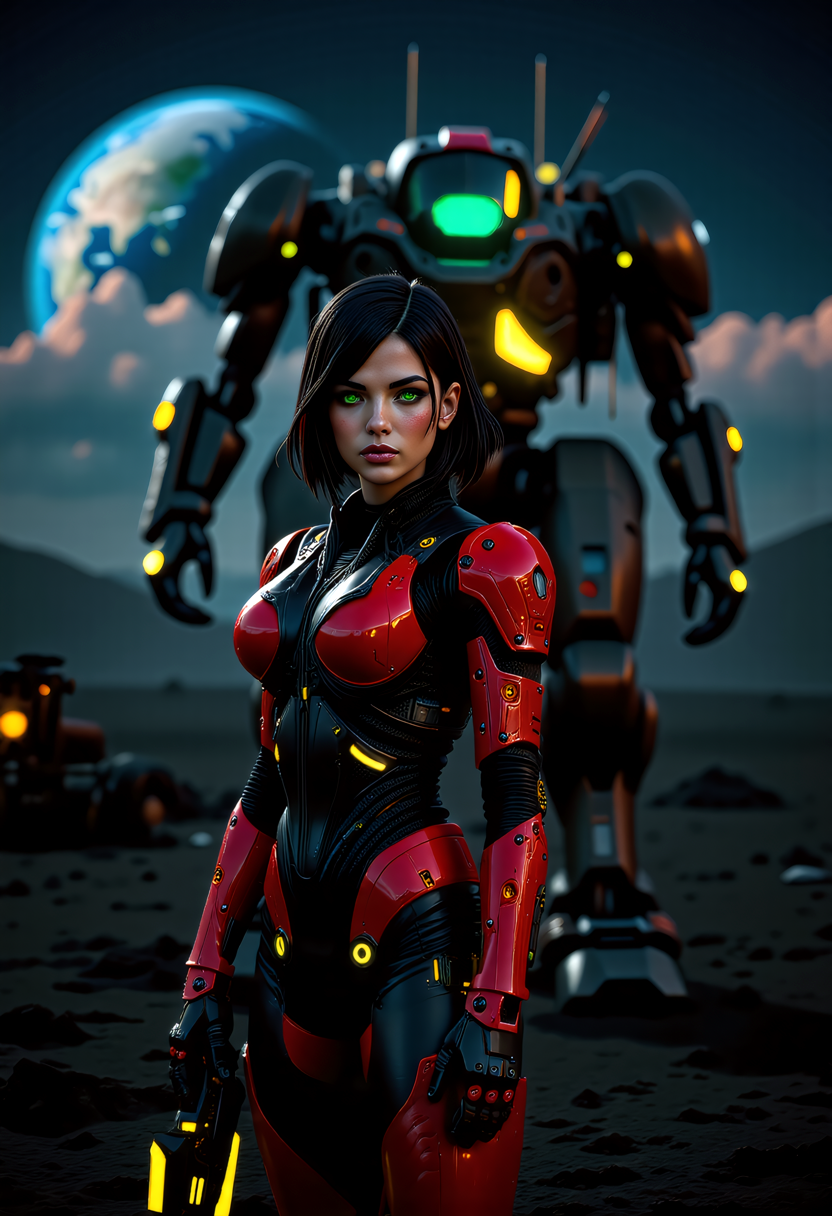 a futuristic lunar colony overlooking Earth, a fierce warrior stands ready for battle. Her medium build, dark hair, and green eyes exude a sense of determination. Dressed in a Synth-Leather red and black power armor Tactical Suit with yellow highlights, a futuristic bodysuit designed for urban operations, its glossy red  surface reflects the neon lights of the colony, contrasting to the flat black parts of the armor. The connects to her cybernetic enhancements. Segmented carbon-fiber panels reinforce her shoulders, chest, and forearms, providing protection without compromising style. She wields a plasma longsword.  Behind her a heavy mech with MechArmor, stands tall, its bulkiness a testament to the strength and versatility of the colony. The colony's domes, shimmering above the Earth's glow, provide a breathtaking backdrop, while the grey lunar landscape and mining rigs add a sense of isolation. This scene, with its off-center composition and extreme close-up on Rina's facial details, captures the essence of a futuristic warrior, showing the fusion of technology and the mysteries of the lunar colony.  <lora:RM_MechArmor_v0.9M> <lora:art and styles/MysticFantasy.safetensors:1.0>,  <lora:flux/flux_realism_lora.safetensors:1.0>,