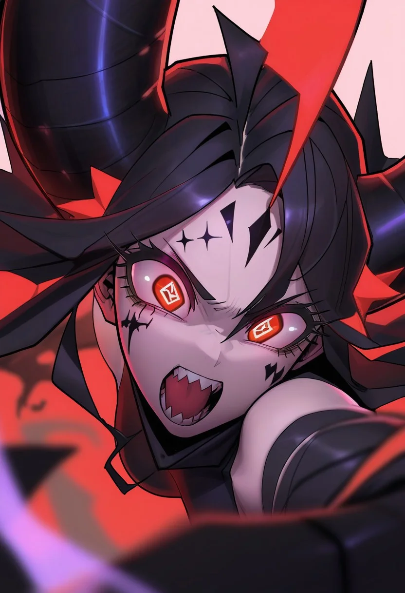 CuteToon_ST, masterpiece, best quality, very aesthetic, high resolution, ultra-detailed, absurdres, newest, detailed eyes, beautiful, perfect lighting, hi res, amazing quality, very awa, painting_(artwork), dynamic lighting, dynamic angle, dynamic pose, cinematic, gorgeous, red eyes, sharp teeth, black hair, open mouth, close-up, simple background, face close-up, eye focus, looking at viewer, huge horns, facial tattoo