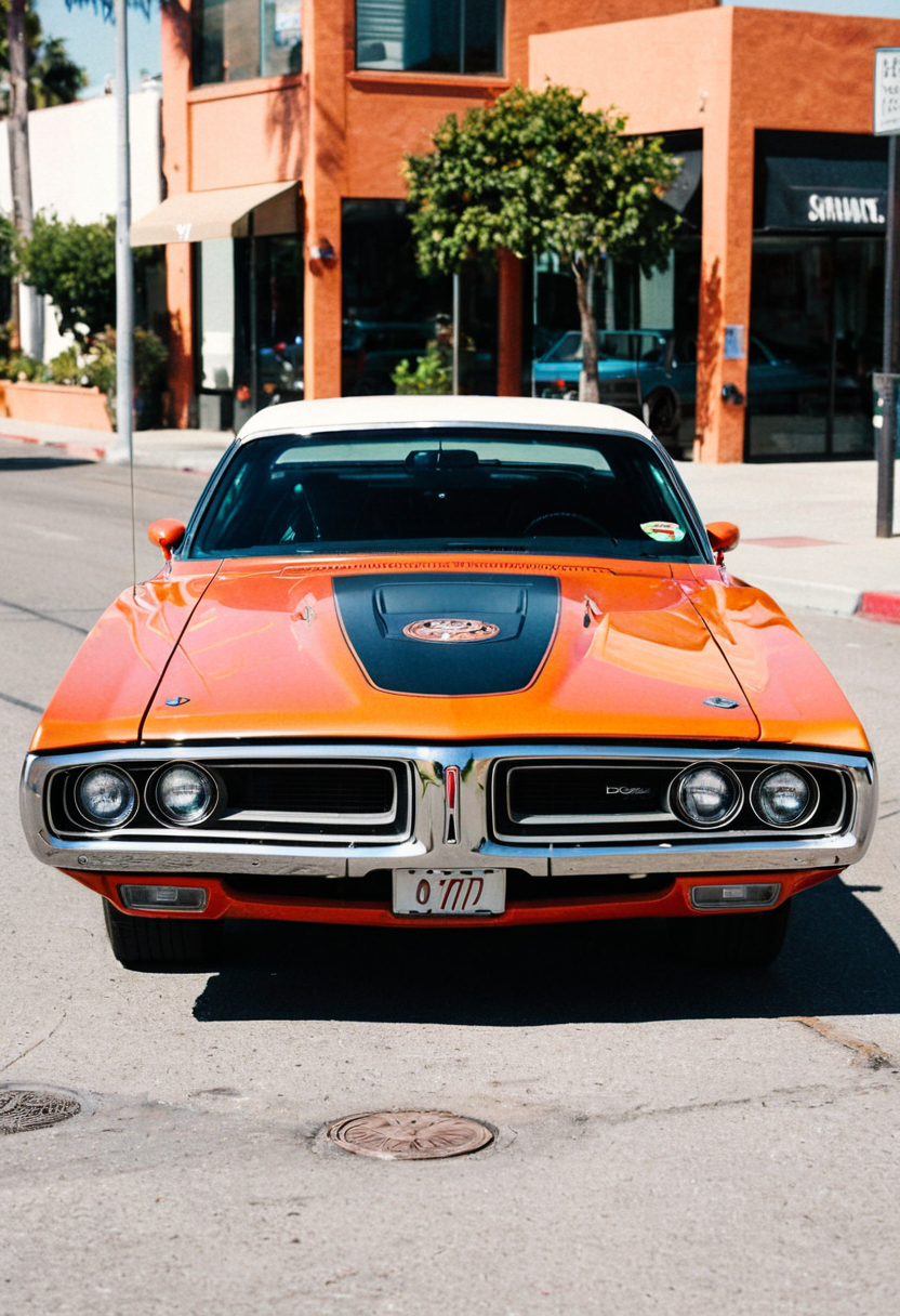 ClassicMuscleCar, orange Dodge Charger, front view, sunny, Los Angeles street, 4K, highly detailed, ((stylish grainy analog 35mm film photo))