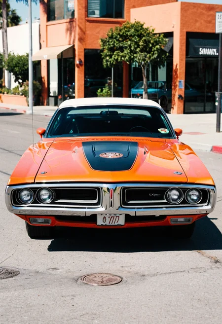 ClassicMuscleCar, orange Dodge Charger, front view, sunny, Los Angeles street, 4K, highly detailed, ((stylish grainy analog 35mm film photo))