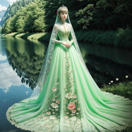 original, (masterpiece), (illustration), (extremely fine and beautiful), (perfect details), (beautiful and clear background:1.25), (depth of field:0.7), (stands aside the river:1.15). (cute:1.3), (detailed beautiful eyes:1.3), (beautiful face:1.3), silver hair, silver ear, (pink hair:0.7), (pink ear:0.7), long hair, (hair blowing with the wind:1.1), (blue eye:1.1), (female internet celebrity:1.2), butterflys flying around, (moon light:0.6), tree, (summer), (night:1.2), (close-up:0.35), (gloves:0.8), solo,full body,hjy, a green dress with a long train and a cape<lora:hjy-10:0.7>