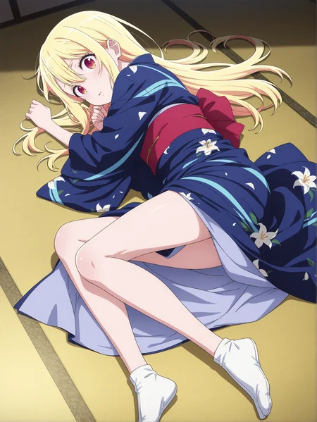 best quality,amazing quality,<lora:Lily Amane:1>,lily amane,full body,kimono lift,lying,