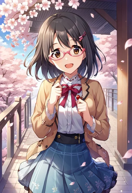 score_9, score_8_up, score_7_up, source_anime,kamijou haruna, brown eyes, black hair, glasses, 1girl, solo, cherry blossoms, hair ornament, smile, hairclip, skirt, pink-framed eyewear, looking at viewer, open mouth, tree, petals, bridge