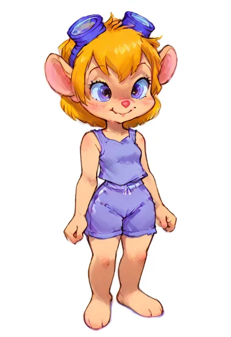 Gadwren, cute, full body, blonde hair, tank top, purple shorts, goggles on head, digital art, highly detailed, zPDXL