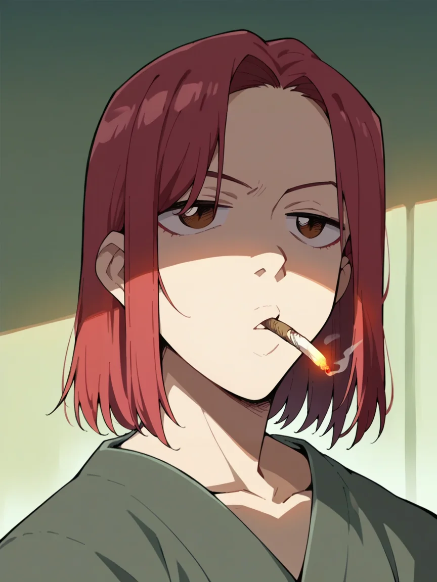 score_9, score_8_up, score_7_up, score_6_up, score_5_up, <lora:FLCLXLP:1> flcl, brown eyes, red hair, smoking