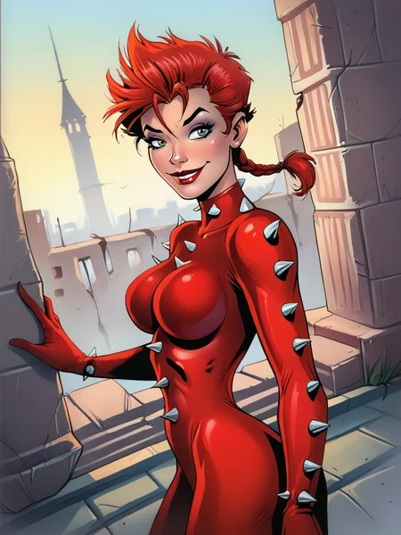 score_9, score_8_up, score_7_up, 1girl, from side, epic pose, ruins, city, looking at viewer, cowboy shot, (dynamic pose:1.1), dynamic angle,
<lora:RachelSummer_character:0.8> RachelSummer, very short hair, spiked hair, green eyes, red hair, latex bodysuit, spikes, makeup, evil smile, single braid, <lora:Dean Yeagle StylePonyLyco:0.6> dystlye,