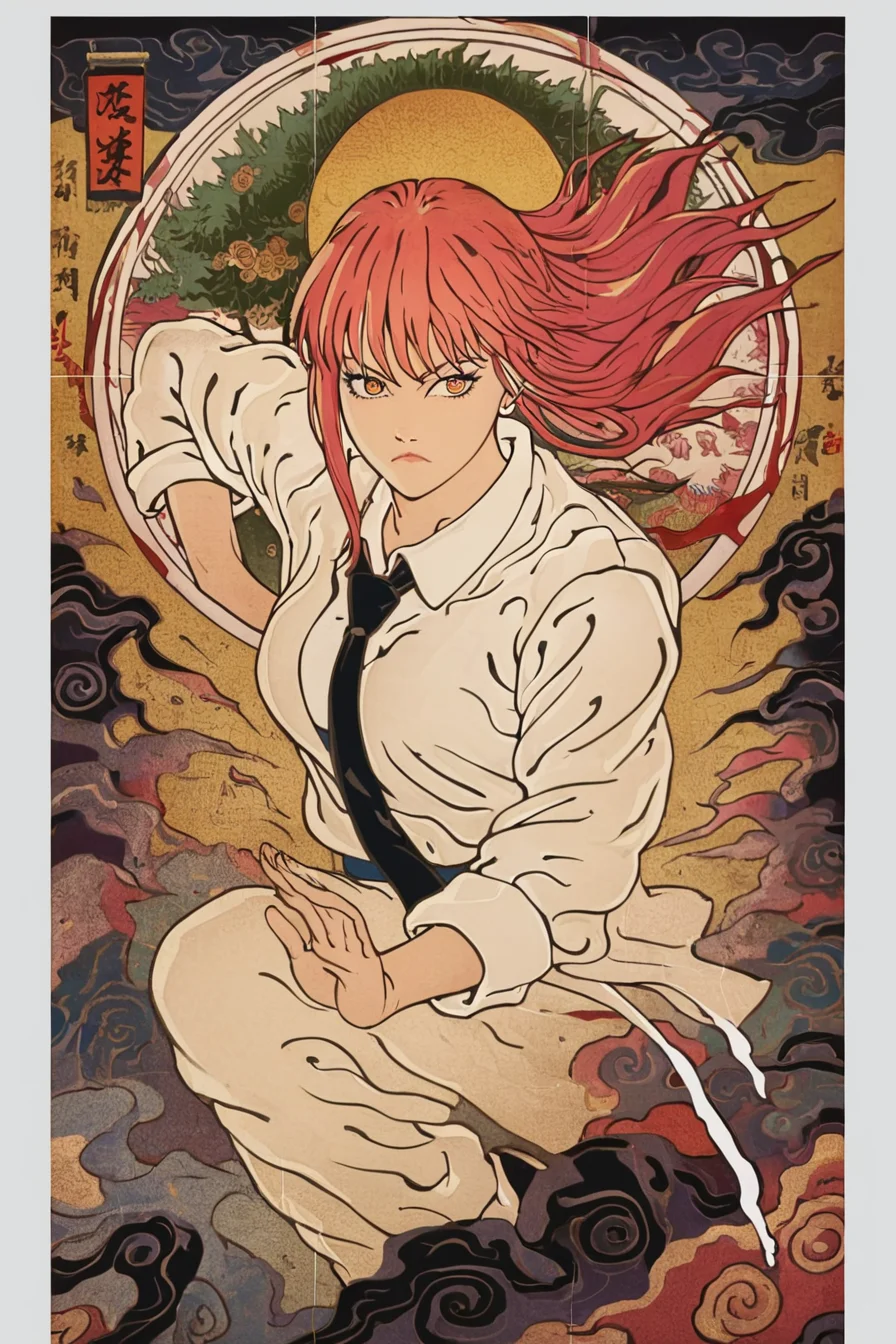 score_9, score_8_up, score_7_up, score_6_up, score_5_up, score_4_up, <lora:mak1ma0XL_Pony_v1:0.8> , mak1ma0, red hair, long hair, ringed eyes, white collared shirt,black necktie, <lora:traditional_Japanese_art:1>, traditional japanese art, 1girl, solo, alone, fighting stance, masterpiece, highres