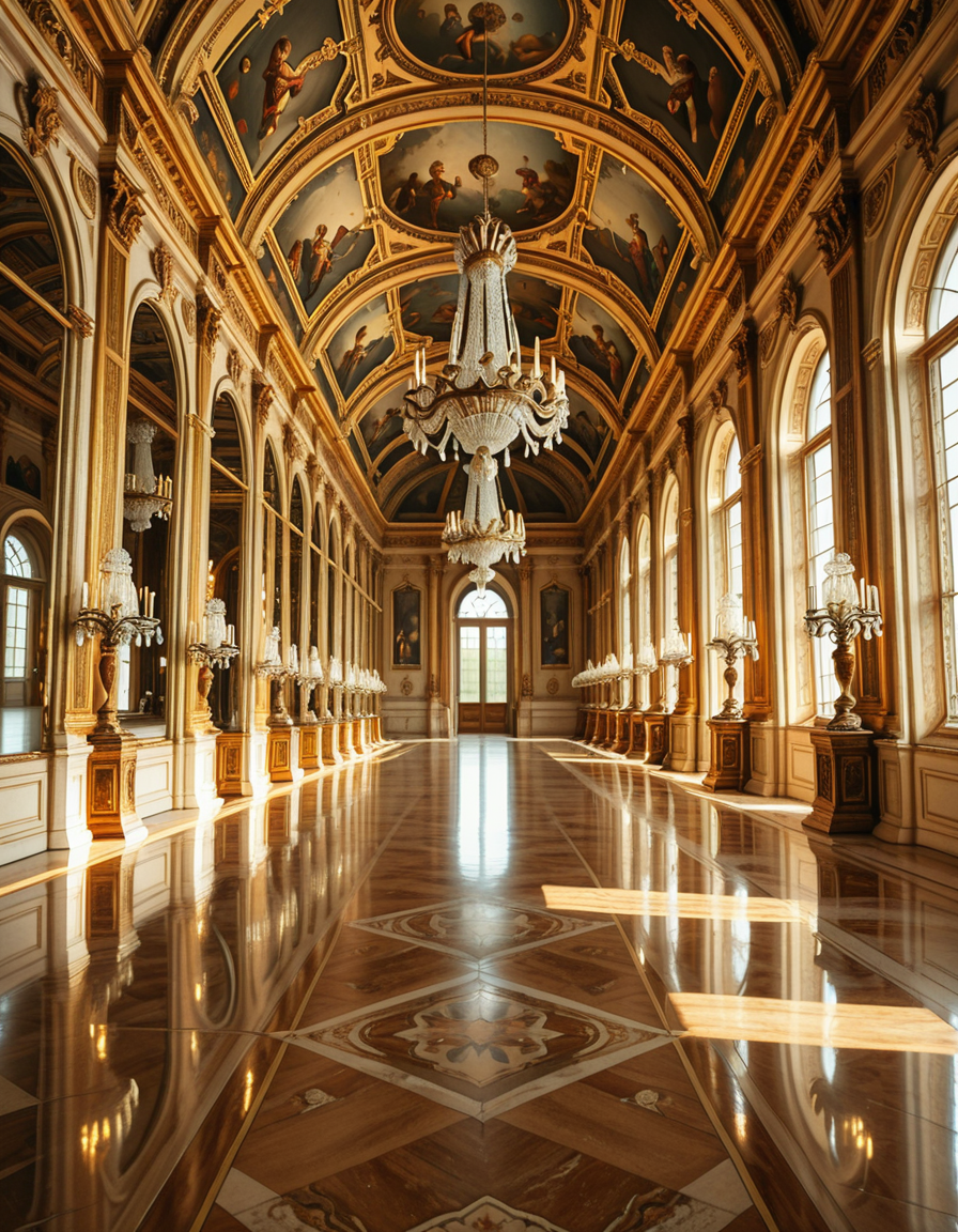 A breathtaking, photorealistic depiction of the Hall of Mirrors (Galerie des Glaces) at the Palace of Versailles in France, captured in golden afternoon light. The hall is grand and opulent, with a high arched ceiling painted with intricate Baroque frescoes. The walls are lined with tall arched mirrors on one side and large arched windows on the opposite side, flooding the space with natural light. Elegant crystal chandeliers hang from the ceiling, reflecting in the mirrors and sparkling with golden highlights. The marble floors are polished and gleaming, with rich, warm tones. Gilded statues and decorative elements frame the mirrors and doorways. The image style is ultra-detailed and photorealistic, with sharp textures and soft, warm lighting creating a majestic, timeless atmosphere. No people present, only the serene magnificence of the empty hall. Camera angle at eye level, centered down the hall, capturing the full length and symmetry of the space.
<lora:SDXLFaeTastic2400:0.4> <lora:extremely_detailed:0.4> extremely detailed,Hall of M1rr0rs, <lora:Hall_of_M1rr0rs-i:1>, Masterpiece,best quality,hi res,8k,hi res,8k,award winning,(sharp focus, intricate, highly detailed),