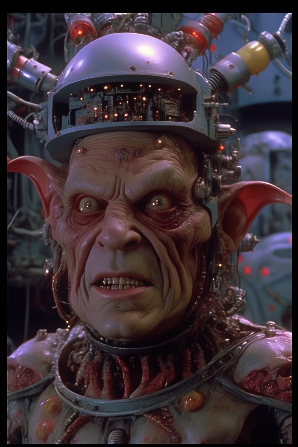 <lora:Terry Gilliam Style:1>Terry Gilliam Style - dvd screenshot of the 1984 movie 'goblins of tech and time' fantasy comedy movie directed by Paul Verhoeven, cyborg satan, colorful, hyper-detailed, beautiful photography, industrial light and magic special effects, octane render, photorealistic, shot on ARRIFLEX 35 III 35mm cinema cam, pro-mist filter