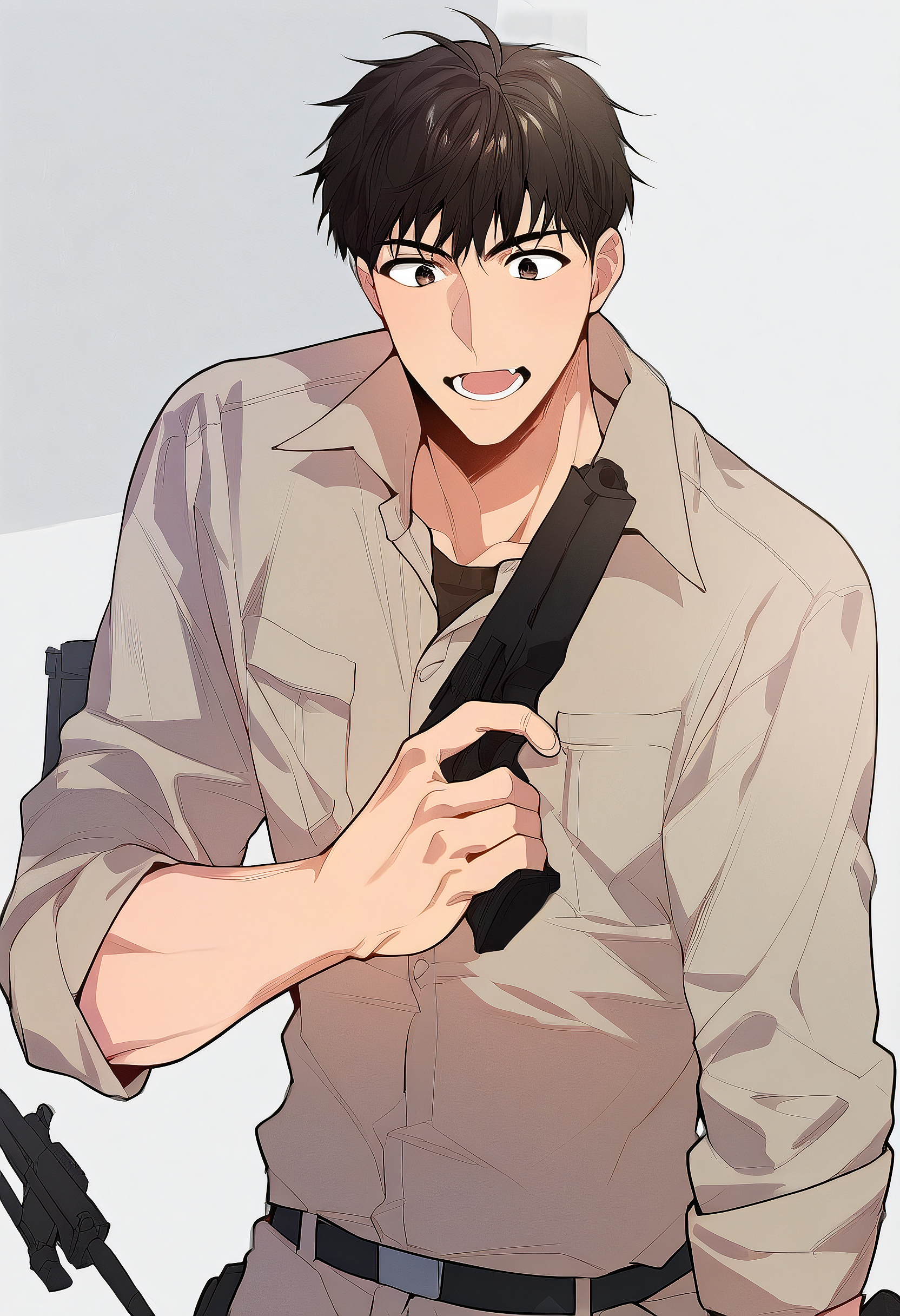 embedding:Pony\Positive\zPDXL3, 1boy, passion_taeui, weapon, gun, male focus, solo, holding, holding weapon, holding gun, open mouth, 1boy, handgun, short hair, black hair