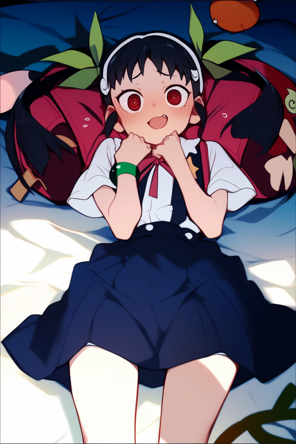 (score_9,score_8_up,score_7_up,),<lora:hachikuji mayoi:1>,hachikuji mayoi,red eyes,black hair,twintails,bracelet,short sleeves,neck ribbon,white shirt,suspender skirt,black skirt,hair ribbon,blush,backpack,fang,white hairband,socks,top-down bottom-up,face focus,white panties,@ @,