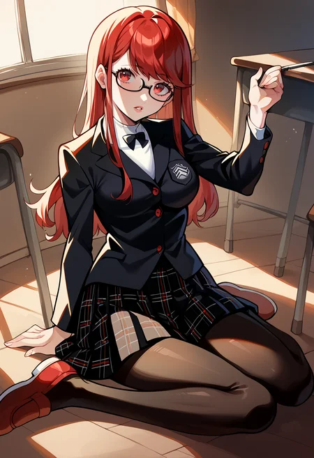 score_9, score_8_up, score_7_up, 1girl, sitting, looking at viewer, parted lips, BREAK <lora:KasumiP5-pdxl:1> defSumi, long hair, hair down, glasses, school uniform, black blazer, medium breasts, white turtleneck, bowtie, plaid skirt, pleated skirt, black pantyhose, red shoes, indoors, classroom