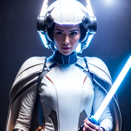 photo, woman with a sci - fi outfit holding a light saber (ghostshell style:1) <lora:djzGhostShellV21:0.8>