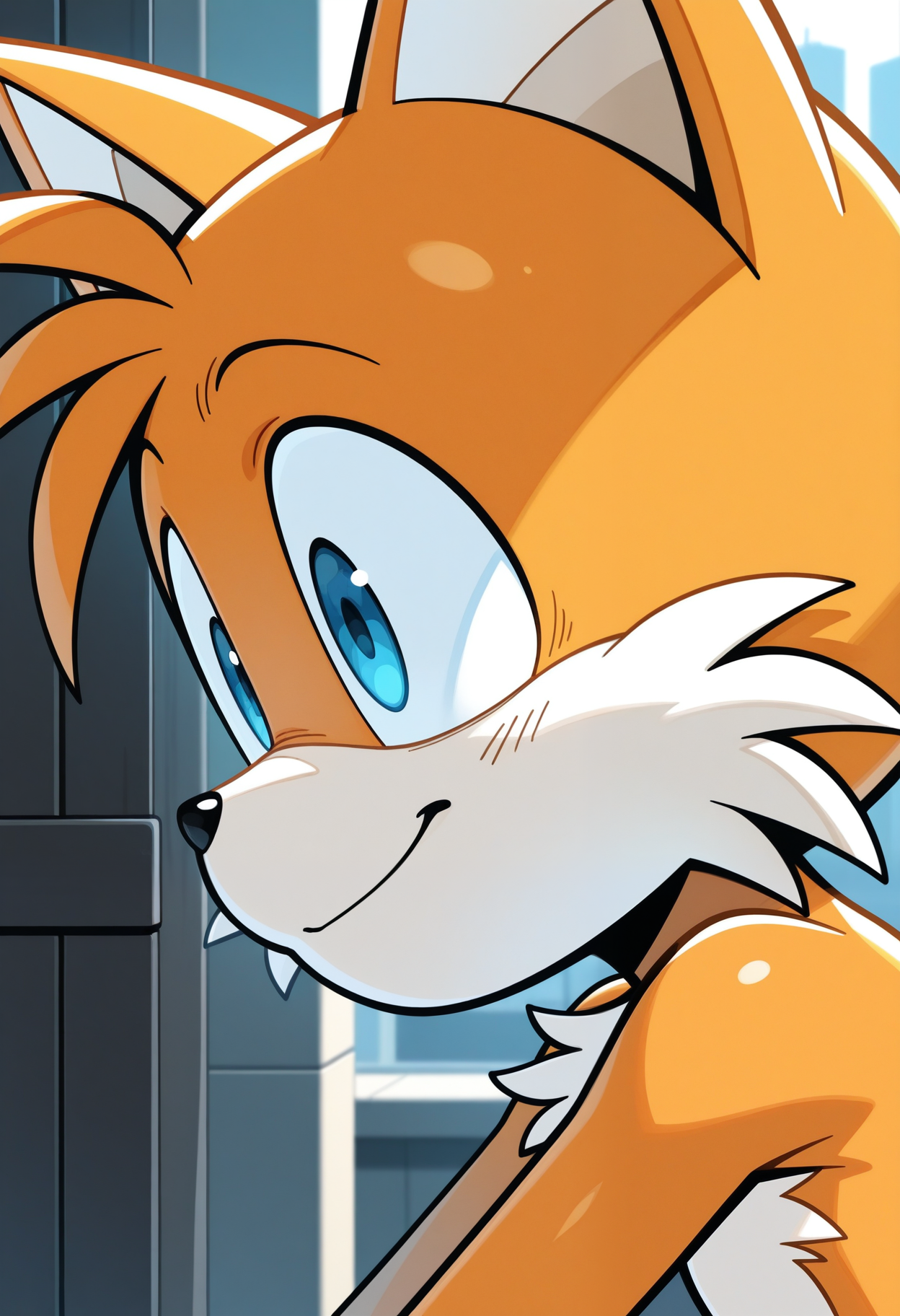 masterpiece,best quality,amazing quality, 1boy, solo, t41ls, furry, orange fur, blue eyes, close up, side angle, happy, outside,