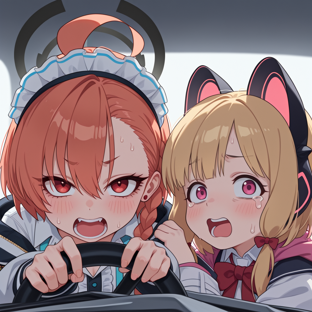 (masterpiece, high quality, amazing detail), highres, (very awa:2), power crashes kobeni's car (meme), car interior, 2girls, multiple girls, neru \(blue archive\), momoi \(blue archive\), holding, steering wheel, look at viewer, crying with wide eyes open, nervous sweating, from front <lora:power_crashes_car_meme-10:1>