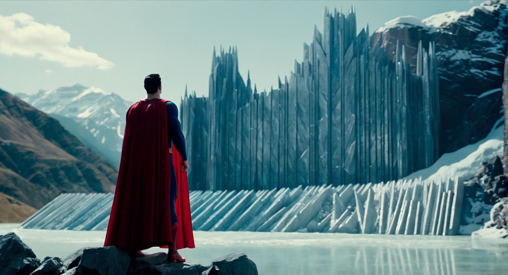 cinematic film still of  <lora:Fortress of Solitude:1>
Fortress of Solitude superman in front of a mountain with big giant Fortress of Solitude in the background, shallow depth of field, vignette, highly detailed, high budget, bokeh, cinemascope, moody, epic, gorgeous, film grain, grainy