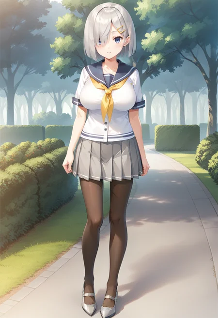 standing, full body, park, <lora:KC_01DD_hamakaze_pony-000032:1> hamakazekc, grey hair, hairpin, short hair, bangs, hair over one eye, blue eyes, large breasts, hamakazedefkc, serafuku, white shirt, blue sailor collar, yellow neckerchief, short sleeves, buttons, grey skirt, pleated skirt, miniskirt, brown pantyhose, grey shoes,, score_9,score_8_up, score_7_up, source_anime, masterpiece, best quality, official art, official style, game cg, megami magazine, rating_safe, rating_questionable, NEGATIVE_HANDS, <lora:DetailedPerfect_hands_r1:1>