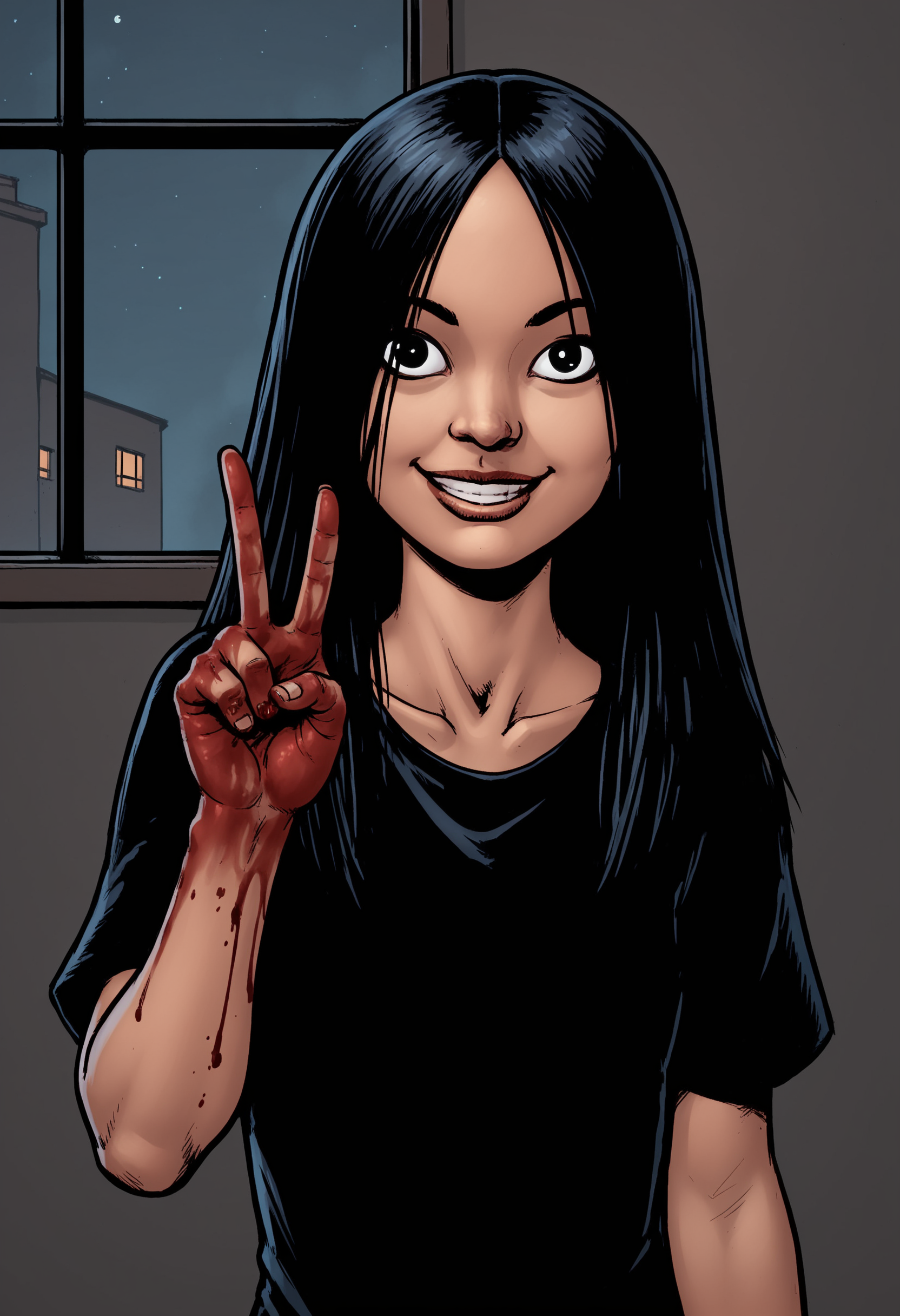 score_9, score_8_up, score_7_up, score_6_up, score_5_up, score_4_up, source_western, source_cartoon, 1girl, <lora:TheFemale:0.85> flat chest, black eyes, black hair, long hair, black shirt, blood on hands, smile, v sign, 
living room background, dark background, night time, wall, window,