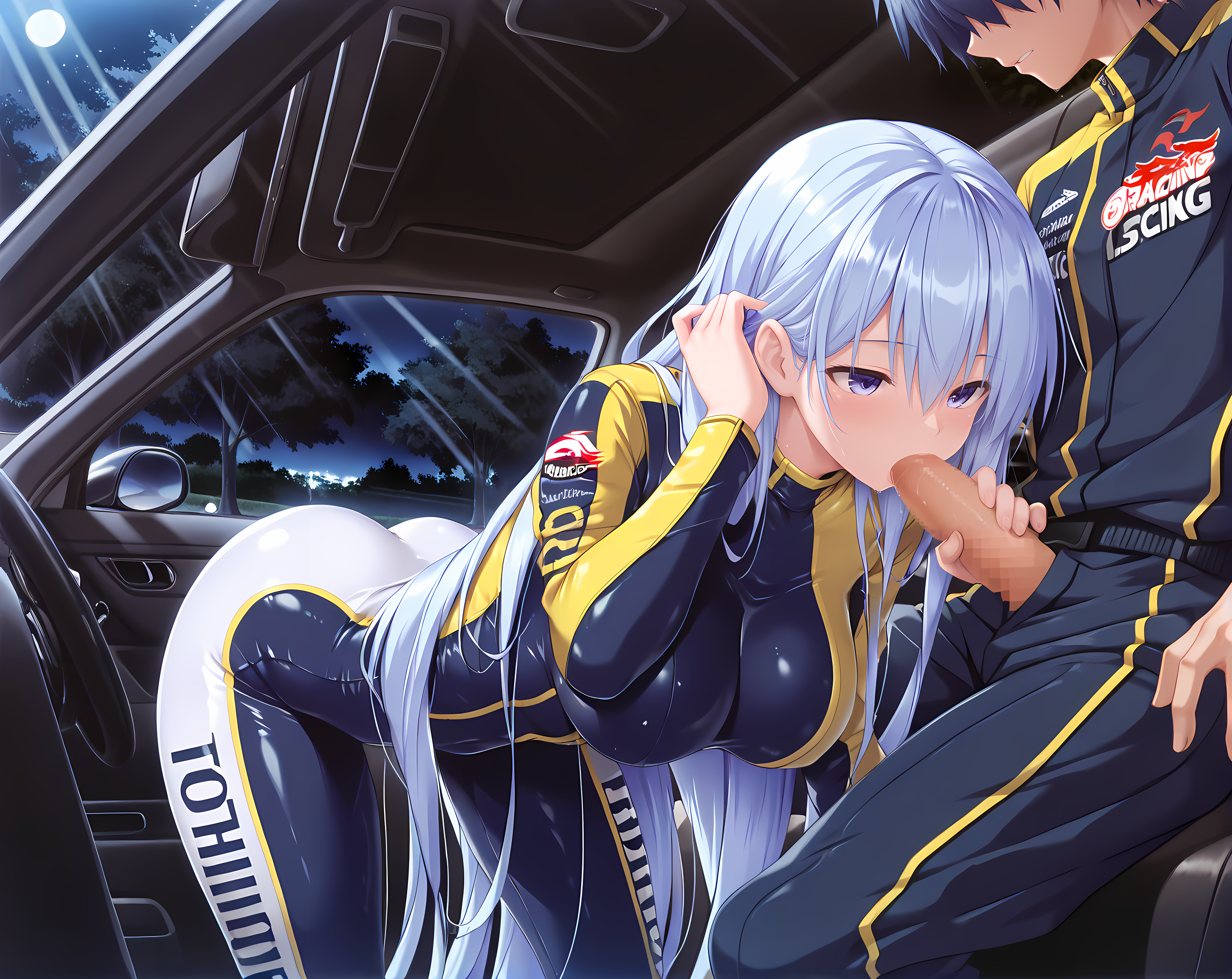 <lora:Mehisha:0.85>,mehisha,large breasts,very long hair,blue hair,racing suit,park,skin tight,night,moonlight,light rays,car interior,fellatio,tucking hair,bent over,faceless male,head out of frame,, masterpiece,best quality,amazing quality, very aesthetic, absurdres,detailed eyes,ultra-detailed,