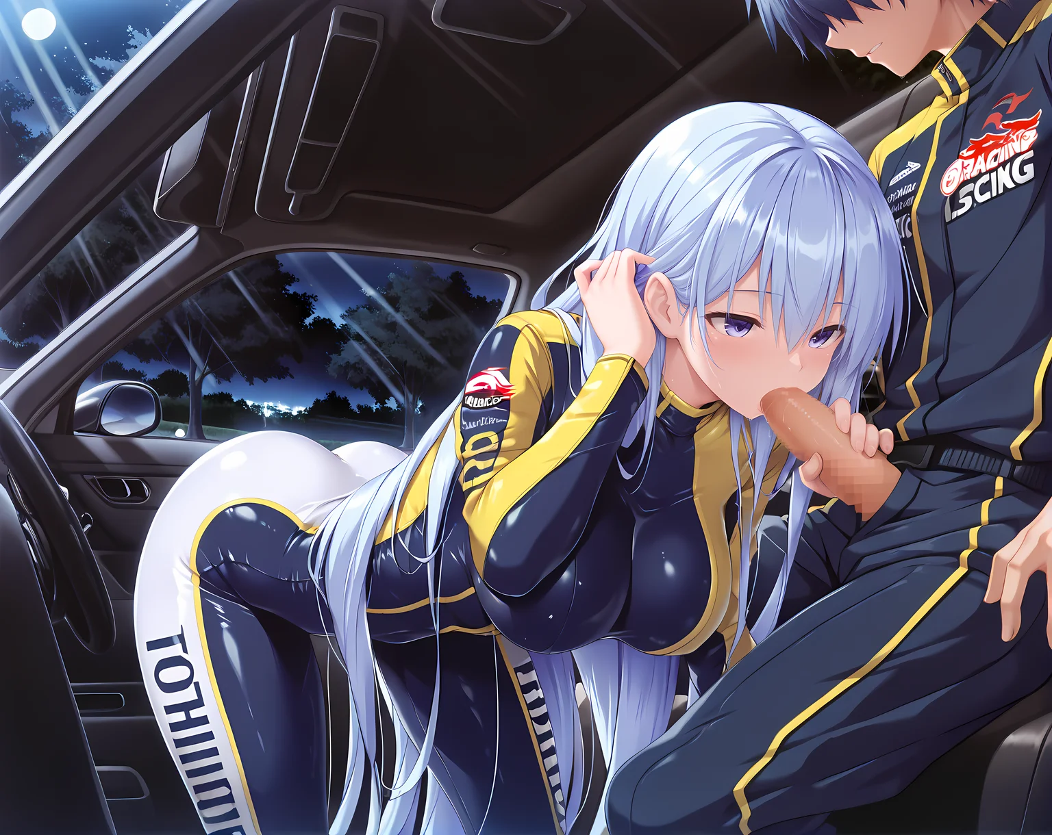 <lora:Mehisha:0.85>,mehisha,large breasts,very long hair,blue hair,racing suit,park,skin tight,night,moonlight,light rays,car interior,fellatio,tucking hair,bent over,faceless male,head out of frame,, masterpiece,best quality,amazing quality, very aesthetic, absurdres,detailed eyes,ultra-detailed,