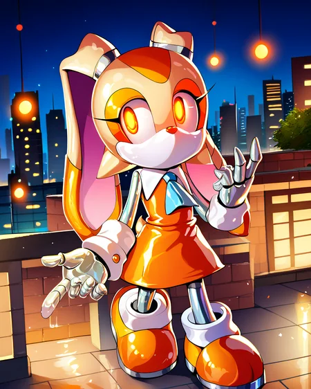 score_9, score_8_up, solo, Cream the rabbit, glowing eyes, robot, metal skin, shiny skin, no mouth, smooth shading, outdoors, robot joints, night, city, <lora:Robotization_Pony:0.75>, score_9, score_8_up,