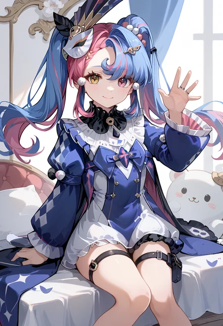 score_9_up,score_8_up,score_7_up,<lora:luokeke_v0.9_pony-000052:1>,
solo,1girl,
(WW)_Lkk,pink eyes,blue hair,yellow eyes,twintails,heterochromia,symbol-shaped pupils,striped hair,pink hair,hair ornament,
blue dress,long sleeves,puffy sleeves,jewelry,thigh strap,ring,
white_background,looking at viewer,sitting,simple_background,closed mouth,waving,smile,indoor,bedroom,bed