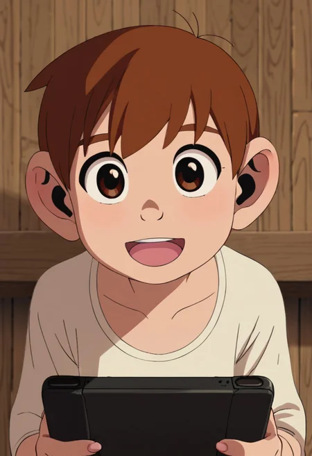 chilchuck_tims, brown hair, brown eyes, solo, at living, playing console game, happy expression