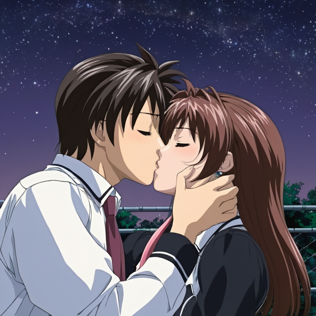 anime artwork of  <lora:Bible Black style:1>
Yuki Toudou and Taki Minase a couple kissing in the dark with a starr sky in the background,1girl,long hair,blush,brown hair,black hair,1boy,ribbon,twintails,closed eyes,hair ribbon,hetero,necktie,sky,night,couple,kiss,surprised,fence green_eyes, short brown hair, choppy hair, eroge,anime,manga,nsfw,cartoon,Adult animation,explicit,Original video animation, Baiburu Burakku style, Bible Black style, anime style, key visual, vibrant, studio anime,  highly detailed