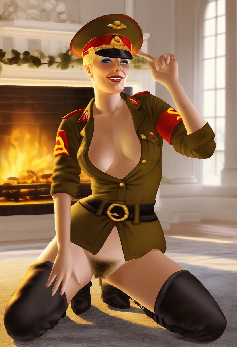 Score_9_up, score_8_up, score_7_up, score_6_up, 1girl, solo, natasha_OW, blue eyes, military uniform, military hat, very hairy pussy, black thighhigh boots, no bra, proud smile, makeup, kneeling on a bearskin rug, in front of a fireplace, (realistic), (painted art:1.3)