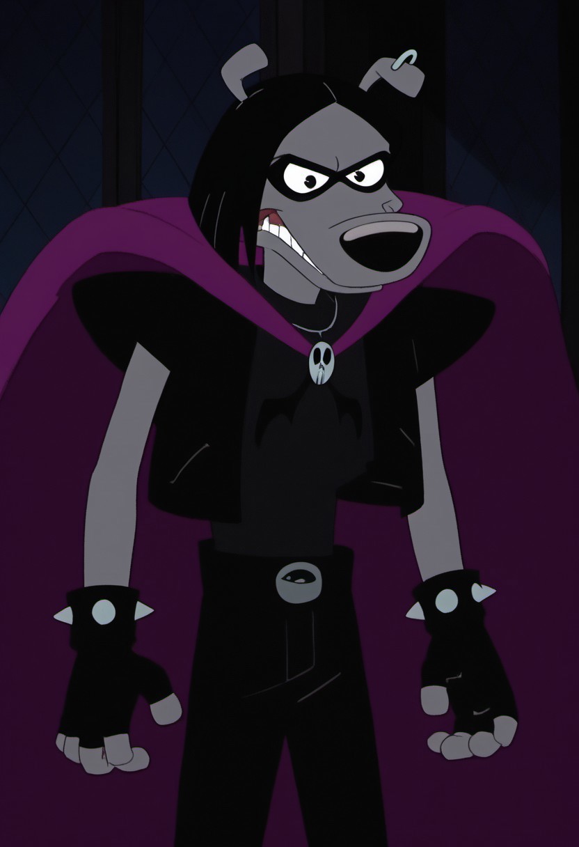 score_9, score_8_up, score_7_up, ((Masterpiece, solo, 1 boy,)) 1 boy, solo, 
BREAK
Blk4rtsBB, Disney, Black Arts Beagle Boy, Anthro Dog, cartoon dog, folded ears, grey fur, black hair, hair flip, fauxhawk, black nose, shiney nose, black eyes, black eye mask, silver earings, black boots, spiked wristbands, fingerless gloves, black top, black pants, crop-jacket, shoulder-pads