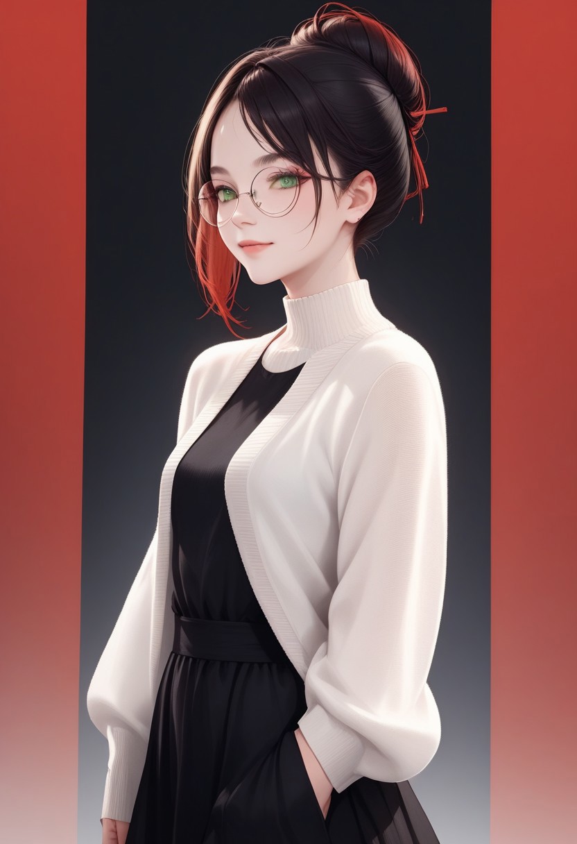 score_9, score_8_up, score_7_up, score_6_up, score_5_up, score_4_up, 1girl, (score_9, score_8_up:1.1), score_7_up,  black hair, hair bun, gradient hair(red-black), green eyes, big round eyeglasses, small breasts, slim, pale skin, dynamic pose, black sundress, smiling, closed mouth, cowboy shot