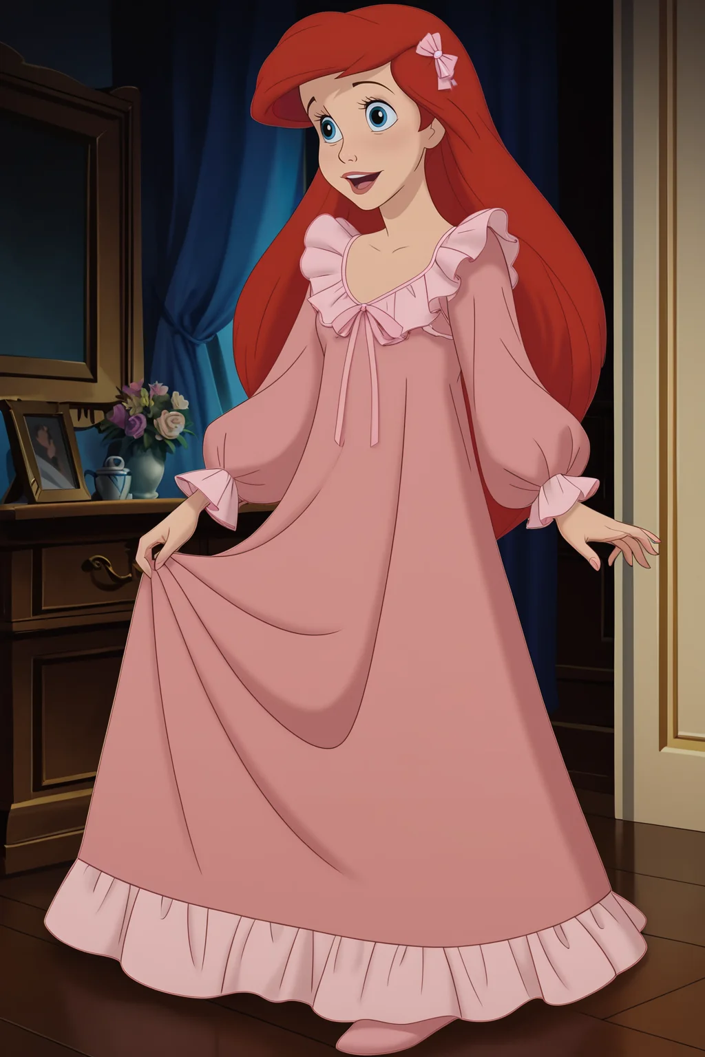 score_9, score_8_up, score_7_up, score_6_up, score_5_up, score_4_up, BREAK, <lora:Ariel_2-000006:1>, 1girl, Ariel, red hair, blue eyes, pink victorian nightgown, nightgown outfit, full body