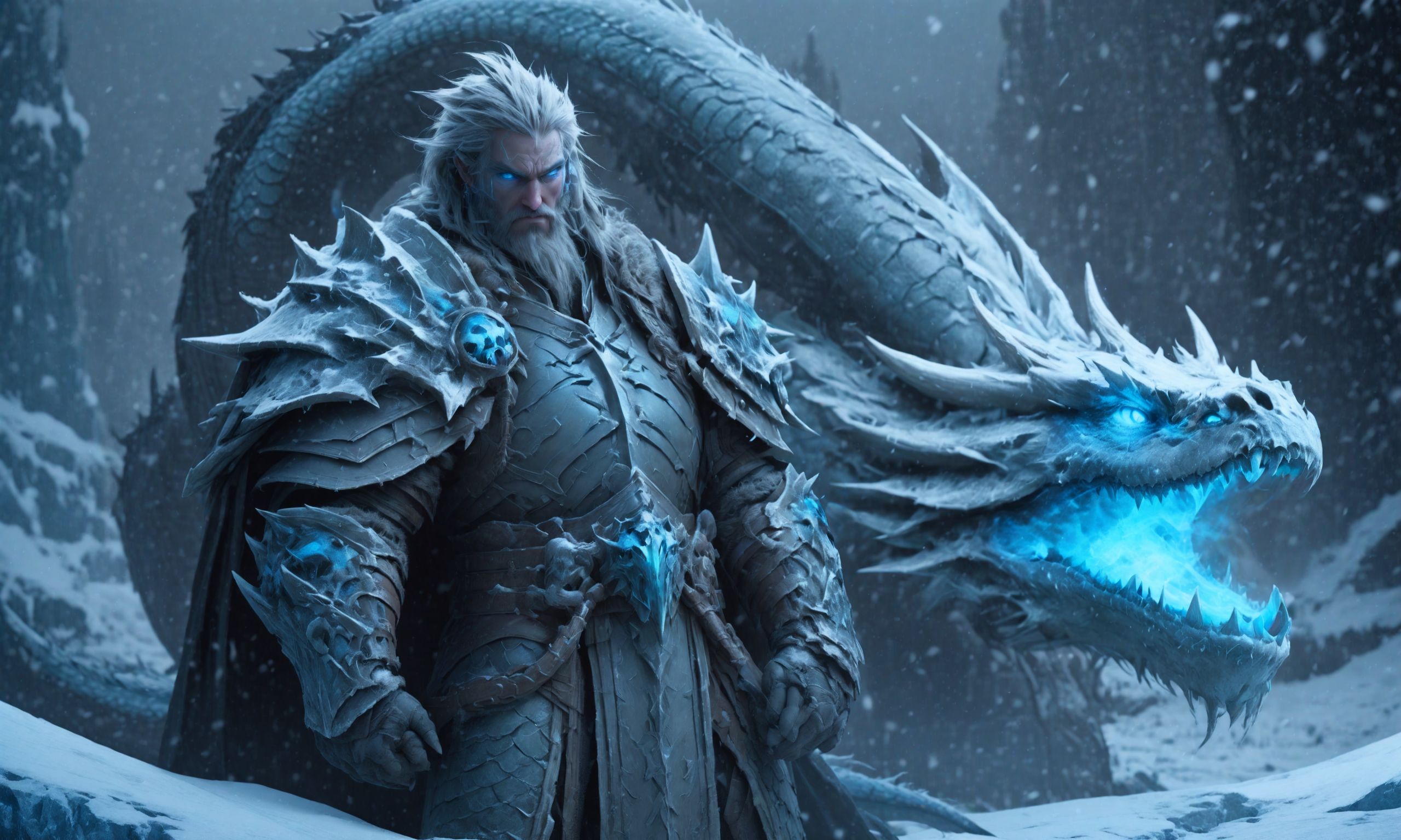 deathknight style,a dragon guards a hidden treasure,8k,masterpiece,realistic,glowing eyes,epic,trending on artstation,hyperdetailed photography,sharp focus,frost theme,(john j. joseph:1.2), <lora:deathknightsyleXL-000004:0.7>,snowing