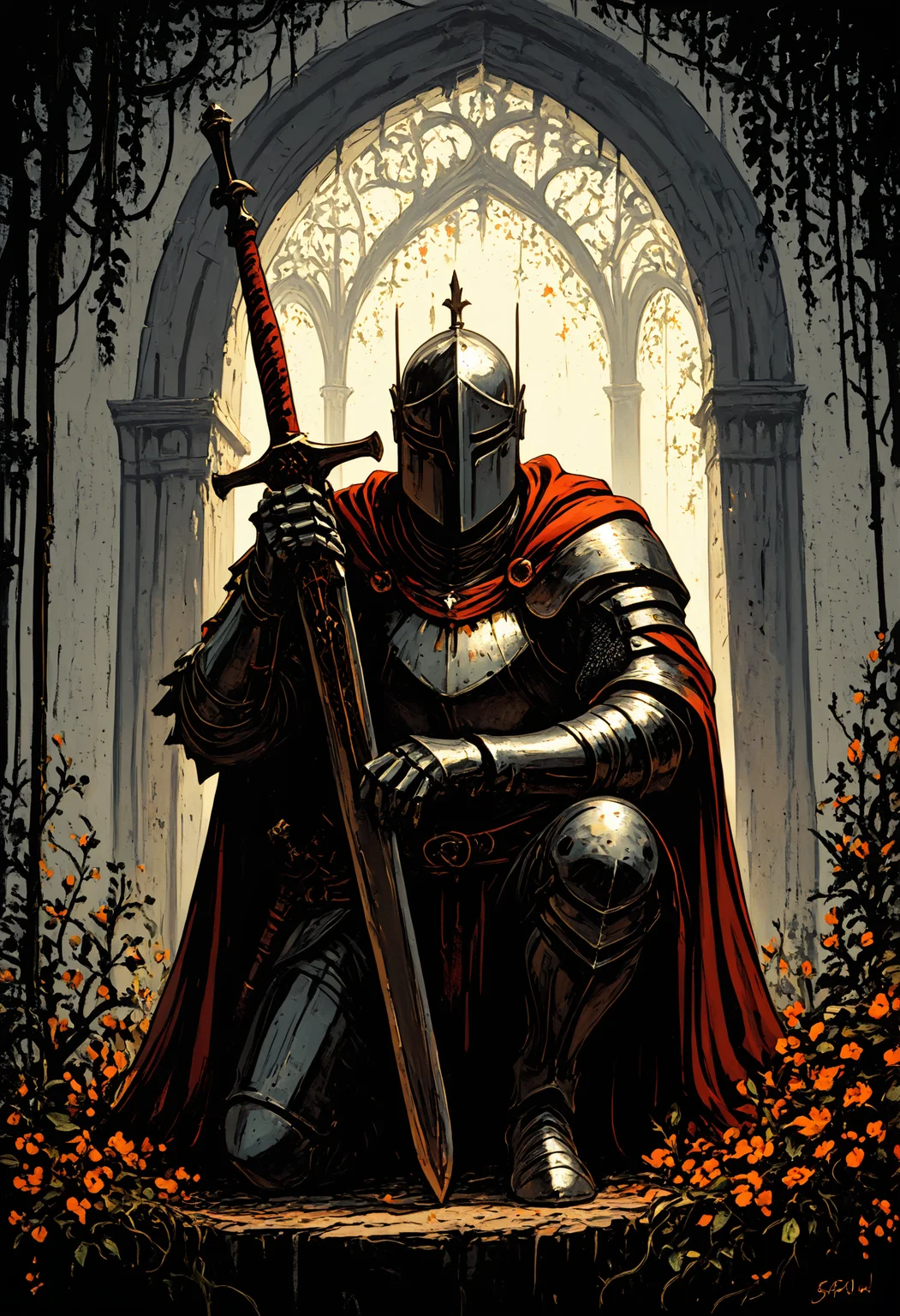 masterpiece, best quality, good quality, very awa, very aesthetic, absurdres, newest, solo, holding, full_body, flower, weapon, boots, signature, sword, holding_weapon, cape, armor, holding_sword, helmet, plant, shoulder_armor, 1other, facing_viewer, gauntlets, sheath, pauldrons, sheathed, breastplate, red_cape, armored_boots, scabbard, on_one_knee, vines, greaves, planted, knight, full_armor, orange_flower, ambiguous_gender, planted_sword, covered_face, arch, helm, greatsword, plate_armor, ink drawing, opill, gr4ph1t3,