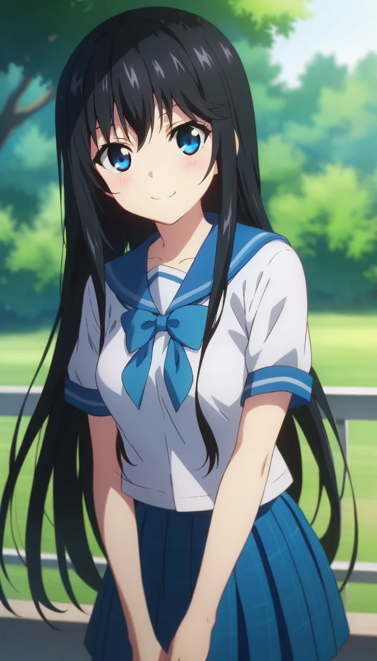 score_9,score_8_up,score_7_up,score_6_up BREAK official art,solo,outdoors,upper body,(portrait:1.5),looking at viewer,facing viewer,smile,blush,(petite:2),Minamiya Natsuki,very long hair,black hair,sidelocks,bangs,blue eyes,school uniform,serafuku,blue sailor collar,blue bowtie,blue ribbon,white shirt,short sleeves,medium breasts,miniskirt,blue skirt,pleated skirt,plaid skirt,black thighhighs,zettai ryouiki,loafers,<lora:Minamiya Natsuki(bstb)-Pony:1.4>,