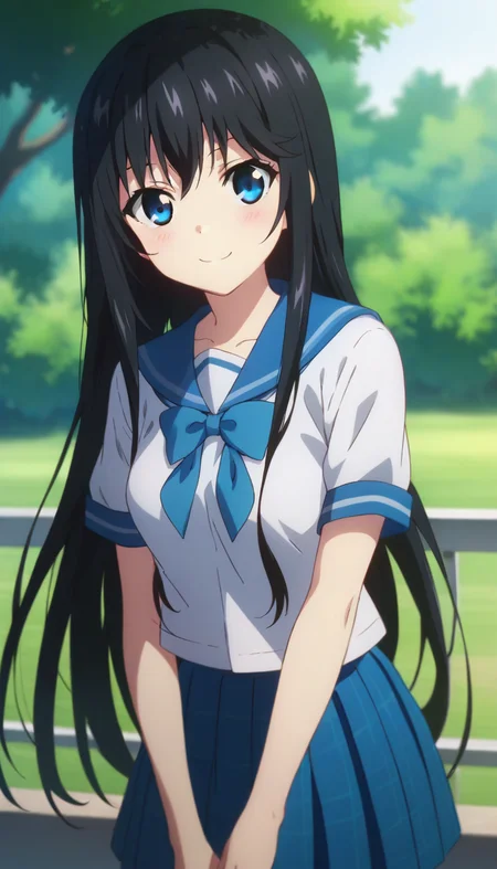 score_9,score_8_up,score_7_up,score_6_up BREAK official art,solo,outdoors,upper body,(portrait:1.5),looking at viewer,facing viewer,smile,blush,(petite:2),Minamiya Natsuki,very long hair,black hair,sidelocks,bangs,blue eyes,school uniform,serafuku,blue sailor collar,blue bowtie,blue ribbon,white shirt,short sleeves,medium breasts,miniskirt,blue skirt,pleated skirt,plaid skirt,black thighhighs,zettai ryouiki,loafers,<lora:Minamiya Natsuki(bstb)-Pony:1.4>,