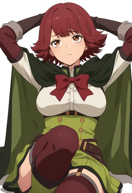 Smooth Quality,masterpiece,very intricate, high quality details, ultra realistic, high detailed skin,detailed enviorement,
simple background, white background, 
,furrowed brow,reclining, arms folded behind head, one knee bent, looking up, peaceful mood,  ,
 <lora:Byleri_Cinabrio:0.8> byleri/cnn, 1girl,short hair, brown hair, brown eyes, red hair, white shirt, green skirt, thighhighs, cloak, cape, belt, elbow gloves, garter straps,boots,red bowtie,