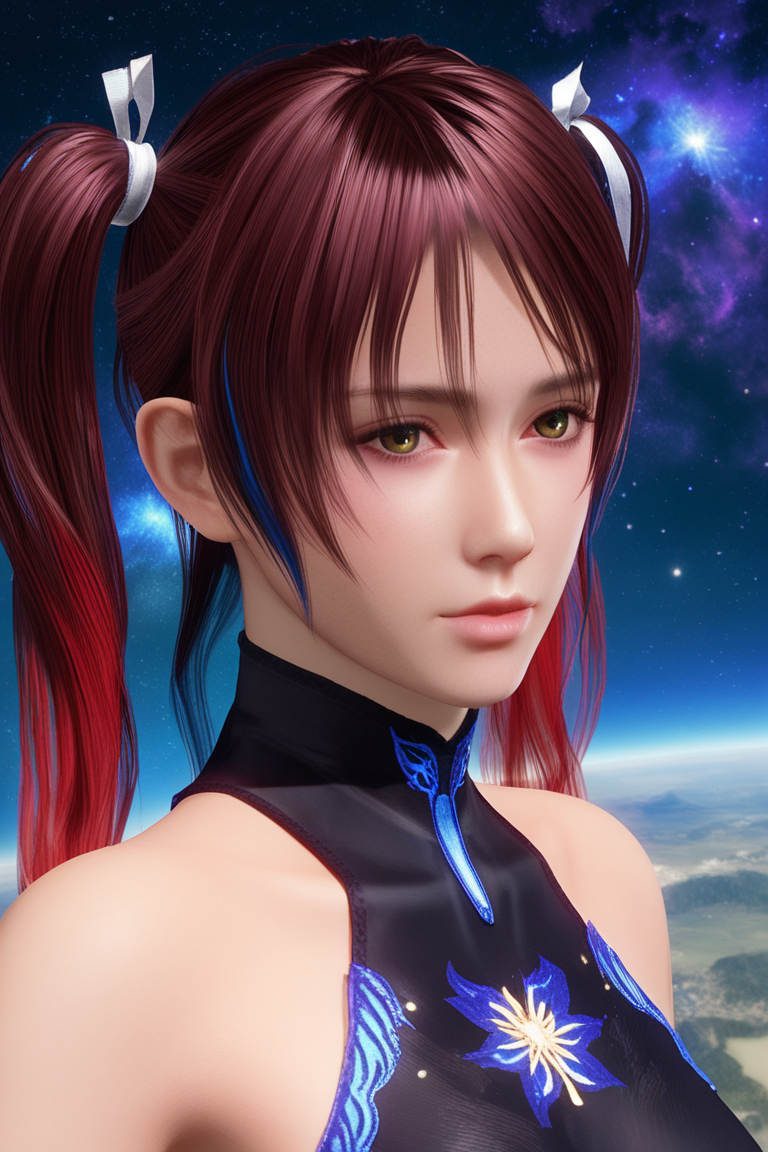 score_9,score_8,score_7_up,ultra detailed,realistic,
shandy \(doa\),1girl,solo,
((hair slicked back)),((forehead)),red hair, ((high twintails)), hair between eyes,messy_hair,black bodysuit,
portrait, multicolored hair, fringe, bare shoulders, upper body, cosmic,
 <lora:doa_shandy_pdxl_v16:0.9>