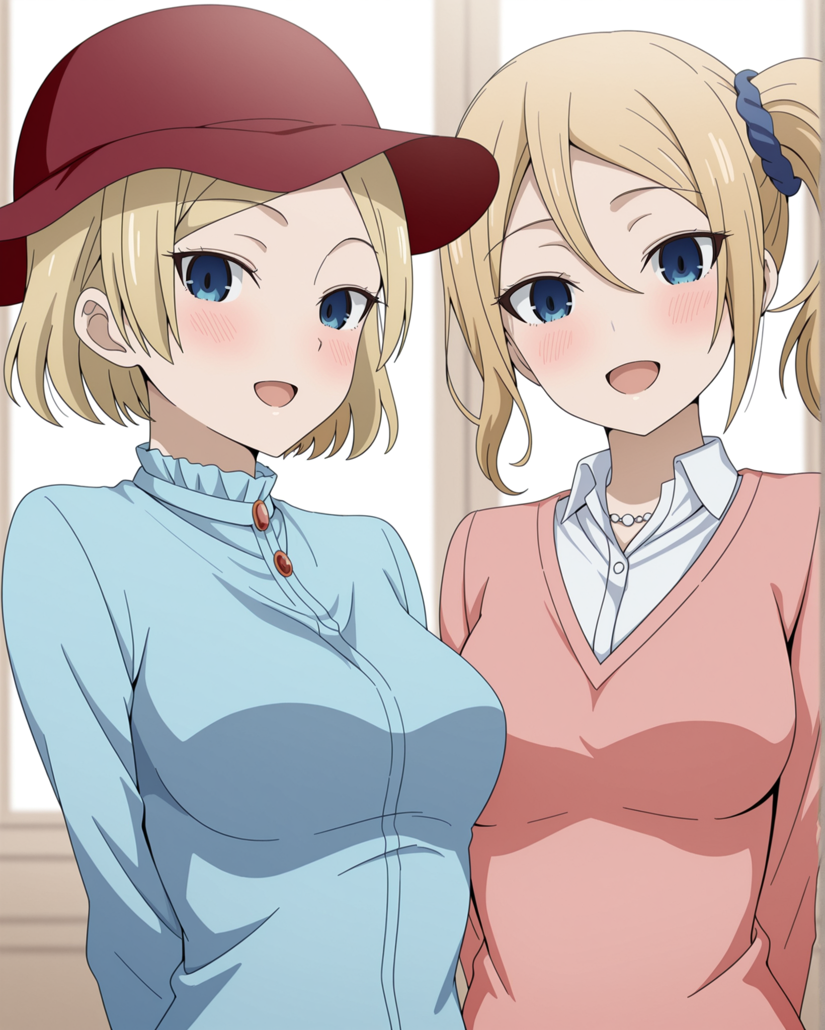 masterpiece, best quality, hayasaka_nao, <lora:Kaguya-sama_Love_Is_War_-_Hayasaka_Nao:1>, hayasaka_nao, 2girls, hayasaka_ai, short hair, blonde hair, blue eyes, looking at viewer, smile, blush, open mouth, side ponytail, parted bangs, hair between eyes, upper body, medium breasts, standing, hat, blue scrunchie,