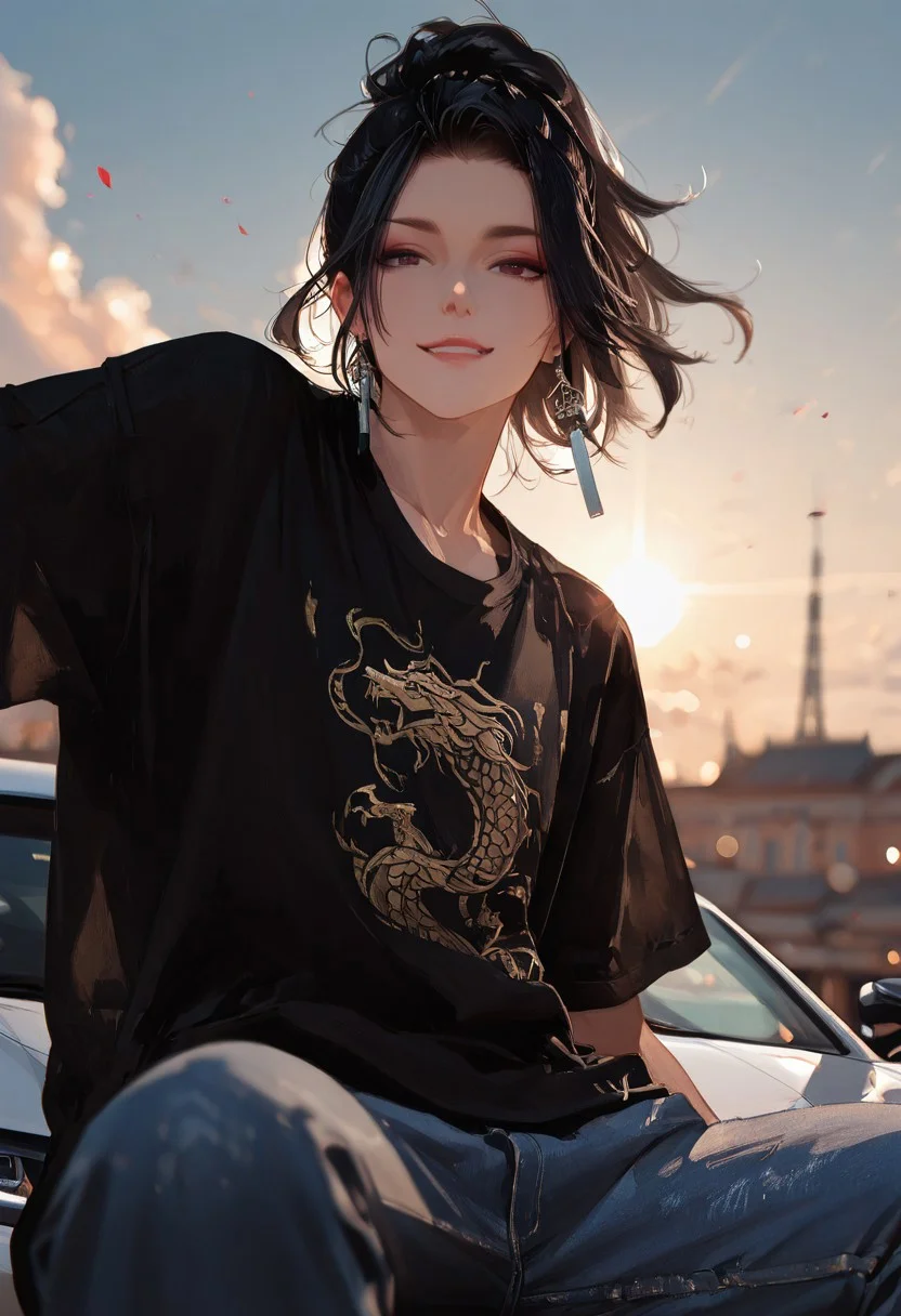 masterpiece, best quality, good quality, very aesthetic, absurdres,
newest, 8K, depth of field, focused subject,visual storytelling,dynamic composition,
close up, stylized, scenery, bokeh,blurred background,
Black Myth Wukong, male sun wukong,
chinese mythology,( dynamic pose:1.3), smirking face,
upper body focus,
casual clothes, wearing luxurious jeans and luxurious black t-shirt with gothic design, expensive black watch
windblown hair,
dramatic sky, celestial clouds, floating mountains, mythic scale, sakura petals, mystic mist,
cinematic composition, backlighting, volumetric light, vegas city scene, symbolic environment, god-tier illustration,(sketch:1.3), sitting in the front edge of a lamborghini aventador with spoiler and body kit (car is black, chrome carbon fiber details)